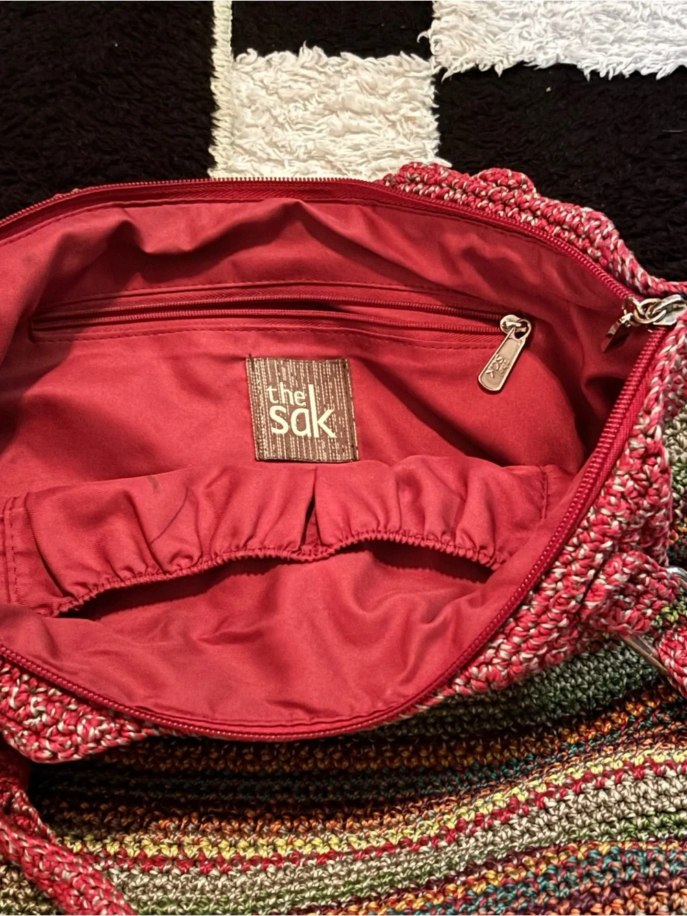 The Sak Multicolor Crochet Tote with Red Trim